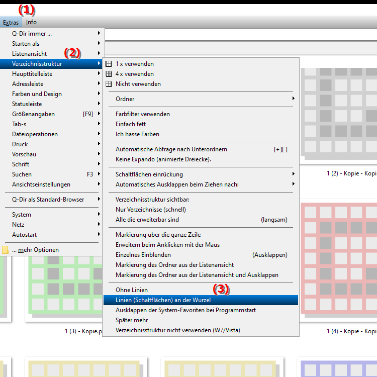 Wie aktiviere ich die Linien an der Wurzel der Verzeichnisstruktur im Datei Explorer